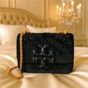 NEW Tory Burch Eleanor Black Embroidered Velvet Small Shoulder Bag/Crossbody Bag